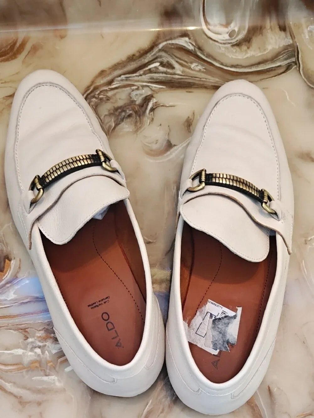 Aldo White Leather Slip-On Loafers with Gold-Toned Bit